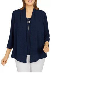 Alfred Dunner Women Top Classics Grid Embedded 2Fer Sweater with Necklace NWT